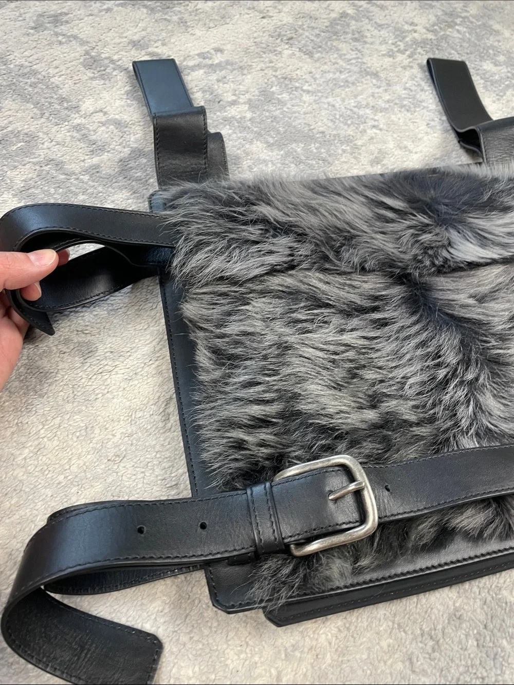 NWT Emporio Armani Fall 2017 Runway Fur Leather Chest Rig Vest Bag Black Gray
